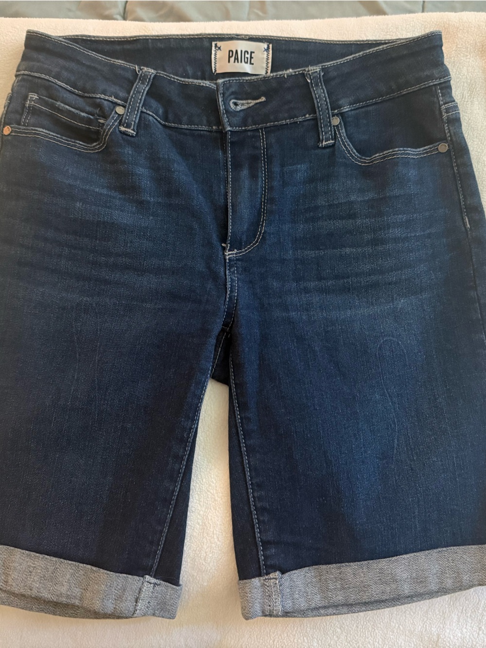 PAIGE Men’s Dark Blue Rolled-Cuff Denim Shorts